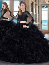  Organza Scoop Long Sleeves Backless Ruffles Sweet 16 Dress in Black