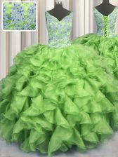 High Class V Neck Sleeveless Organza Lace Up Vestidos de Quinceanera for Military Ball and Sweet 16 and Quinceanera
