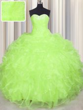  Sleeveless Organza Floor Length Lace Up 15 Quinceanera Dress in Yellow Green with Beading and Ruffles