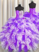  Floor Length Lace Up Quinceanera Dresses White And Purple for Military Ball and Sweet 16 and Quinceanera with Beading and Ruffles and Ruching