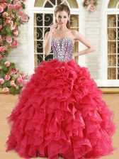  Ball Gowns Quinceanera Gown Red Sweetheart Organza Sleeveless Floor Length Lace Up