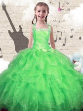  Halter Top Green Organza Lace Up Child Pageant Dress Sleeveless Floor Length Beading and Ruffles