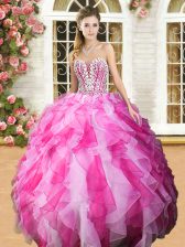  Sweetheart Sleeveless Organza Ball Gown Prom Dress Beading and Ruffles Lace Up