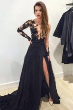  Lace and Appliques Prom Dress Black Zipper Long Sleeves Brush Train