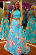 Luxurious Aqua Blue A-line Satin Halter Top Sleeveless Lace and Embroidery Zipper Prom Dress Sweep Train