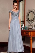 Sexy Scoop Grey Chiffon Side Zipper Cap Sleeves Floor Length Beading and Sequins and Ruching and Belt