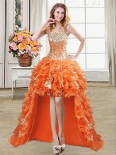  Sequins Sweetheart Sleeveless Lace Up Prom Evening Gown Orange Organza
