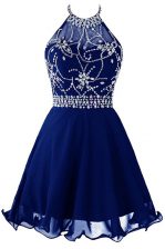  Halter Top Mini Length Zipper Dress for Prom Royal Blue for Prom and Party with Beading