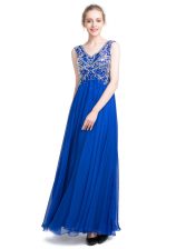 Captivating V-neck Sleeveless Dress for Prom Ankle Length Beading Royal Blue Chiffon