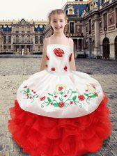 Attractive White and Red Sleeveless Floor Length Beading and Appliques and Ruffles Lace Up Little Girls Pageant Dress