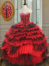 Perfect Sweetheart Sleeveless Vestidos de Quinceanera Floor Length Beading Red And Black Organza