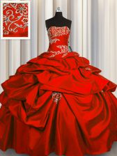 Trendy Floor Length Red Sweet 16 Dress Taffeta Sleeveless Appliques and Pick Ups