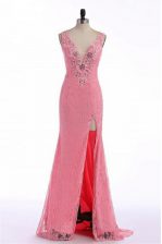 Modern Rose Pink V-neck Neckline Lace and Appliques Prom Evening Gown Sleeveless Backless