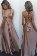 Vintage Pleated Pink Sleeveless Satin Criss Cross Prom Evening Gown for Prom