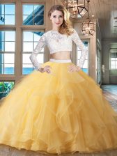 Gold Two Pieces Organza Scoop Long Sleeves Beading and Lace and Ruffles Zipper Sweet 16 Dresses Brush Train