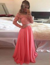 Cute Watermelon Red A-line Scoop Long Sleeves Chiffon Floor Length Zipper Beading and Appliques Homecoming Dress