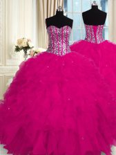  Fuchsia Ball Gowns Sweetheart Sleeveless Organza Floor Length Lace Up Beading and Ruffles Quince Ball Gowns