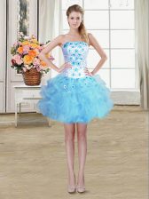 New Style Sleeveless Mini Length Beading and Appliques and Ruffles Lace Up Homecoming Dress with Baby Blue