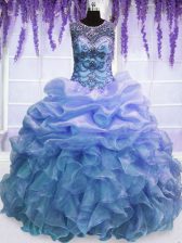 Noble Blue Quince Ball Gowns Military Ball and Sweet 16 and Quinceanera with Beading and Ruffles Scoop Sleeveless Lace Up