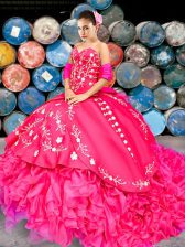 Beautiful Hot Pink Ball Gowns Beading and Embroidery and Ruffles Vestidos de Quinceanera Lace Up Organza and Taffeta Sleeveless With Train