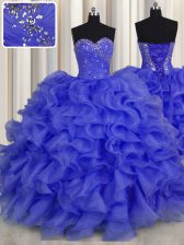 Nice Royal Blue Ball Gowns Organza Sweetheart Sleeveless Beading and Ruffles Floor Length Lace Up Sweet 16 Quinceanera Dress
