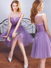 Enchanting Scoop Sleeveless Mini Length Beading and Ruching and Belt Lace Up Dama Dress with Lavender