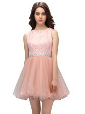 Super Scoop Mini Length Zipper Evening Dress Peach for Prom and Party with Beading and Lace