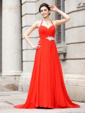  Chiffon Spaghetti Straps Sleeveless Brush Train Zipper Beading Prom Evening Gown in Coral Red
