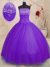  Strapless Sleeveless Lace Up Quinceanera Dresses Purple Tulle