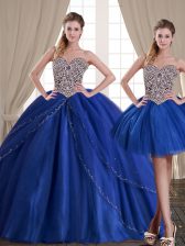 Elegant Three Piece Royal Blue Ball Gowns Beading Sweet 16 Dresses Lace Up Tulle Sleeveless Floor Length