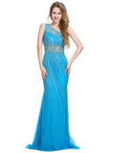  One Shoulder With Train Zipper Evening Dress Baby Blue for Prom and Party with Beading Brush Train