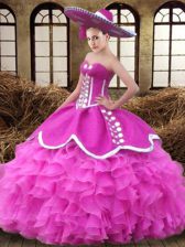  Floor Length Lace Up 15th Birthday Dress Fuchsia for Military Ball and Sweet 16 and Quinceanera with Ruffles