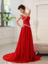  Red Zipper One Shoulder Beading and Ruching Dress for Prom Chiffon Sleeveless Sweep Train
