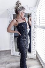  Mermaid Black Prom Party Dress Prom with Beading Spaghetti Straps Sleeveless Zipper