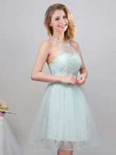  Apple Green A-line Tulle Halter Top Sleeveless Lace and Appliques and Belt Mini Length Lace Up Dama Dress for Quinceanera