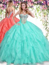 Great Apple Green Ball Gowns Beading and Ruffles Ball Gown Prom Dress Lace Up Organza Sleeveless Floor Length