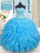 Custom Fit Sweetheart Sleeveless Sweet 16 Quinceanera Dress Floor Length Beading Baby Blue Organza