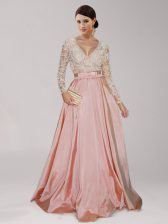  Peach Taffeta Zipper V-neck Long Sleeves Asymmetrical Dress for Prom Beading and Belt