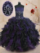 Flirting Floor Length Black And Purple Ball Gown Prom Dress Organza Sleeveless Beading and Ruffles