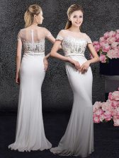 Hot Sale Scoop White Short Sleeves With Train Appliques and Sequins Zipper Prom Party Dress