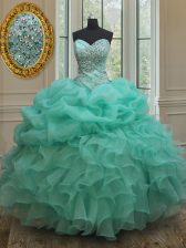 Modest Sleeveless Floor Length Beading and Ruffles and Pick Ups Lace Up Quinceanera Gowns with Apple Green