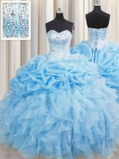 Designer Visible Boning Sleeveless Floor Length Beading and Ruffles and Pick Ups Lace Up 15th Birthday Dress with Baby Blue