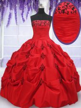  Pick Ups Ball Gowns Sweet 16 Dresses Red Strapless Taffeta Sleeveless Floor Length Lace Up