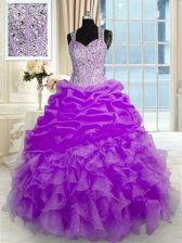 Glorious Lilac Zipper Straps Beading and Ruffles Sweet 16 Dresses Organza Sleeveless