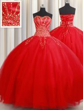 Adorable Red Sleeveless Beading Floor Length Quince Ball Gowns