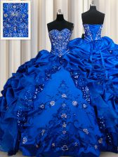 High End Sleeveless Floor Length Beading and Embroidery and Sequins and Pick Ups Lace Up Quince Ball Gowns with Royal Blue