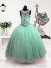  Scoop Floor Length Ball Gowns Sleeveless Turquoise Little Girls Pageant Gowns Zipper