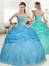 Colorful Baby Blue Ball Gowns Beading and Pick Ups Vestidos de Quinceanera Lace Up Organza Sleeveless Floor Length