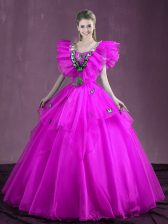  Organza Sweetheart Sleeveless Lace Up Appliques and Ruffles Sweet 16 Dresses in Fuchsia