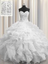  Visible Boning Beading and Ruffles 15 Quinceanera Dress White Lace Up Sleeveless Floor Length